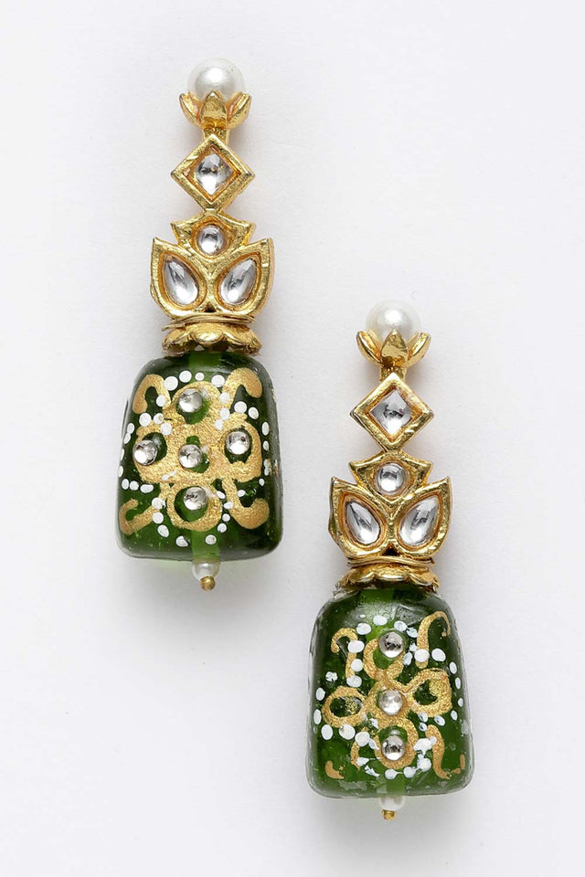 Green And White Gold-Plated Kundan And Pearls Dangler Earring
