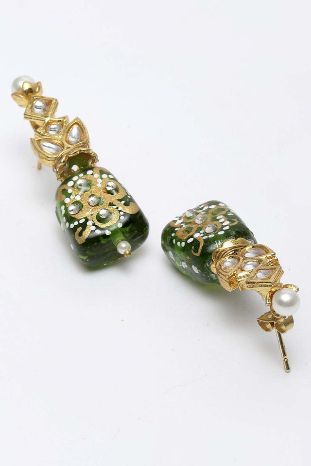 Green And White Gold-Plated Kundan And Pearls Dangler Earring