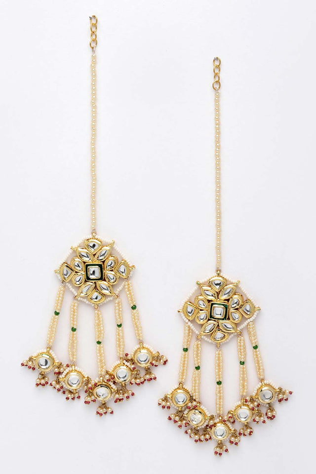 Red And White Gold-Plated Kundan And Pearls Dangler Earring