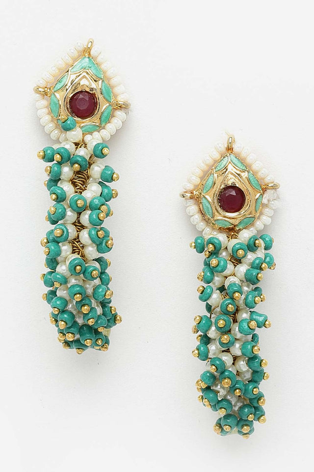 Multi-Color And White Gold-Plated Pearls And Ruby Dangler Earring