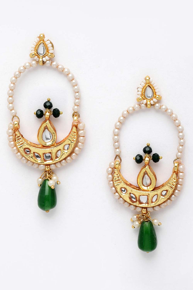 Green And Blue Gold-Plated Kundan And Pearls Dangler Earring