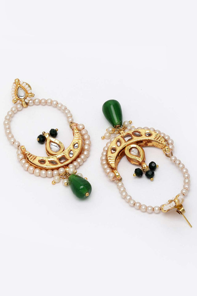 Green And Blue Gold-Plated Kundan And Pearls Dangler Earring