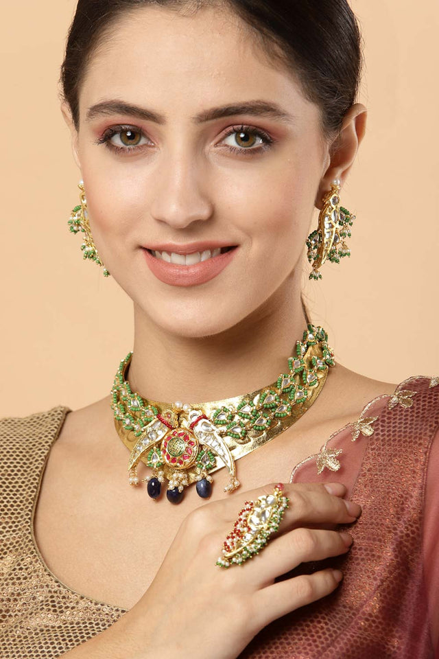 Green And White Gold-Plated Kundan And Pearls Dangler Earring