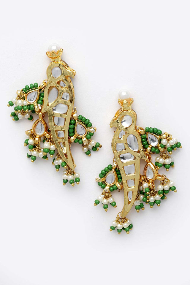Green And White Gold-Plated Kundan And Pearls Dangler Earring