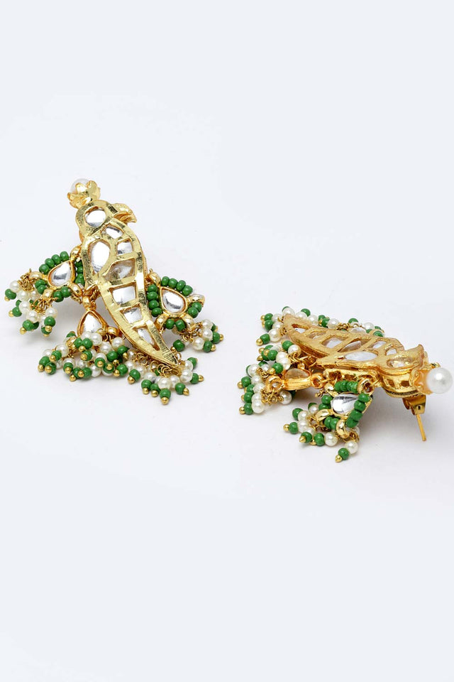 Green And White Gold-Plated Kundan And Pearls Dangler Earring