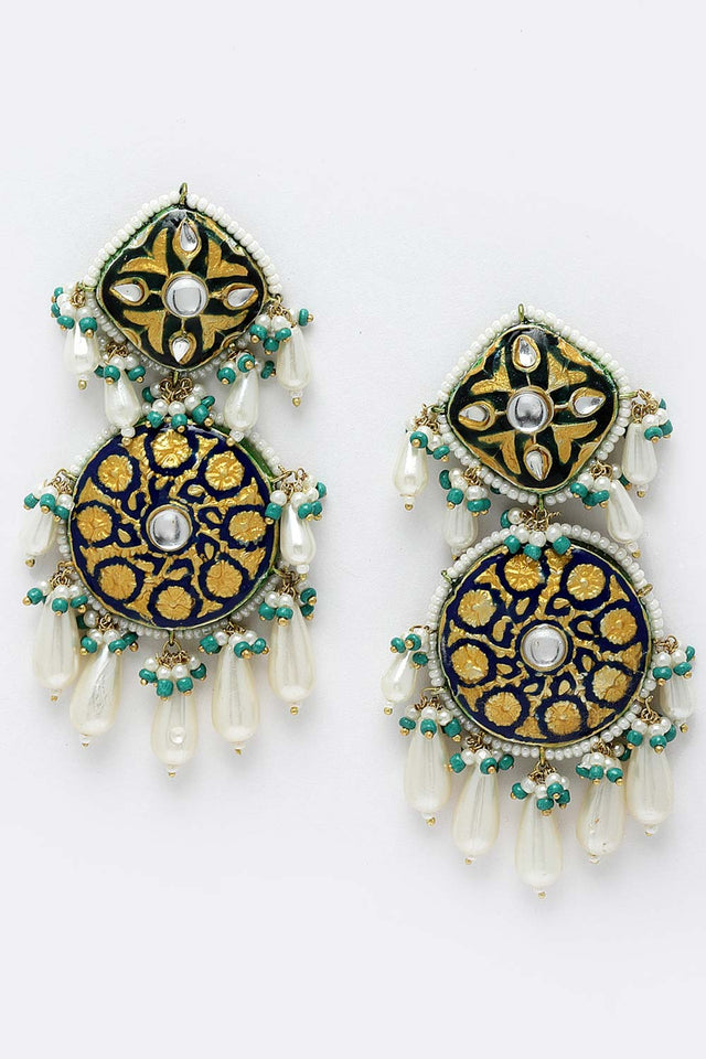 Blue And White Gold-Plated Kundan And Pearls Dangler Earring