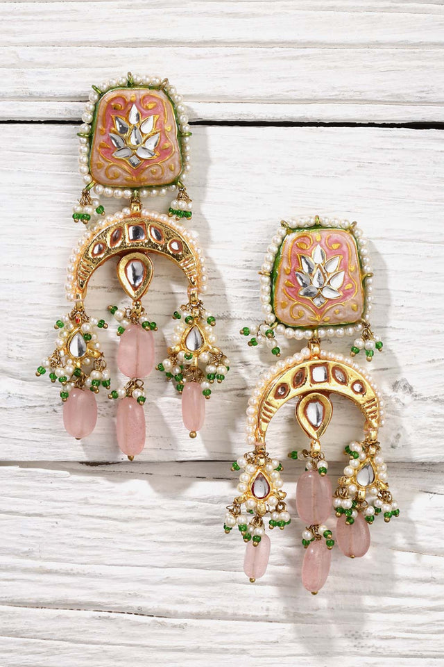 Multi-Color And White Gold-Plated Kundan And Pearls Dangler Earring