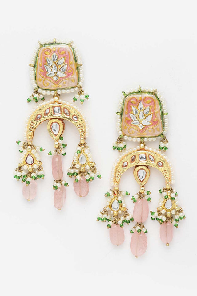 Multi-Color And White Gold-Plated Kundan And Pearls Dangler Earring