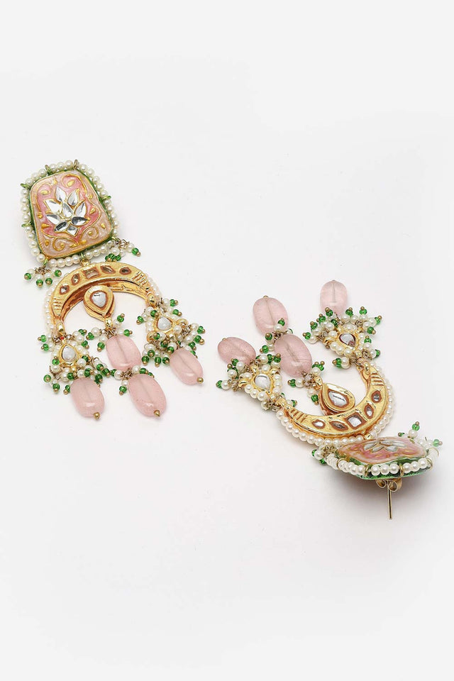 Multi-Color And White Gold-Plated Kundan And Pearls Dangler Earring