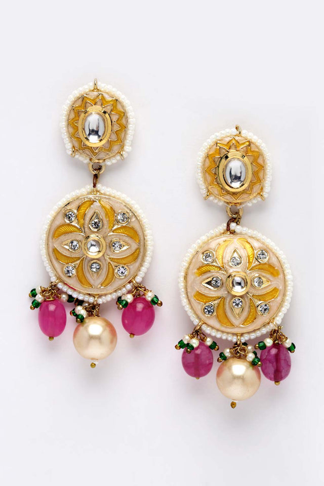 Pink And Gold Gold-Plated Kundan And Pearls Drop Earring