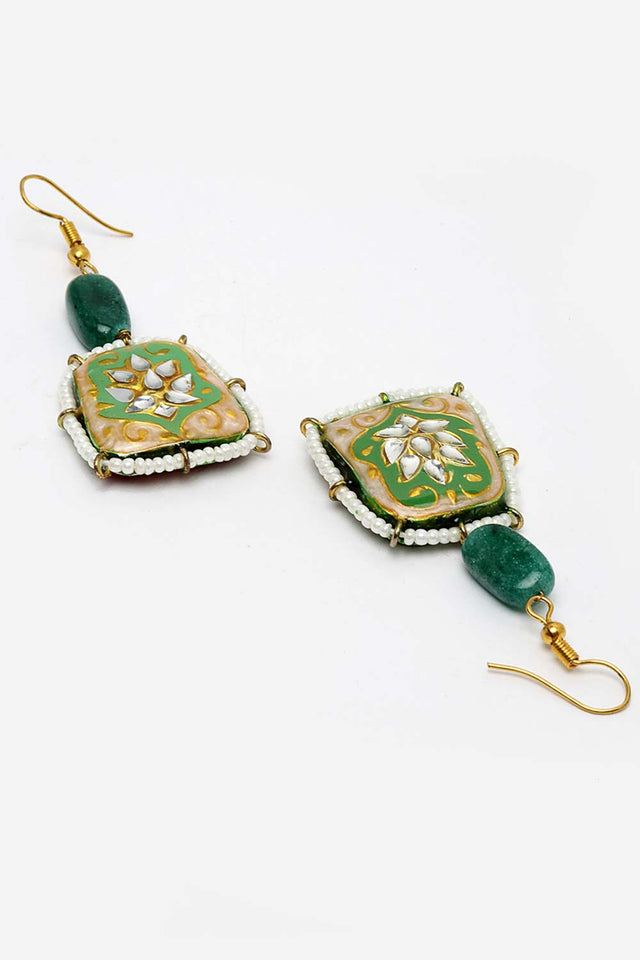 Green And White Gold-Plated Kundan And Pearls Drop Earring