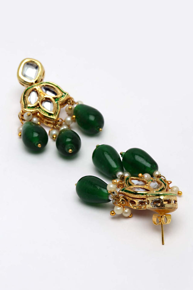Green Gold-Plated Kundan And Pearls Drop Earring