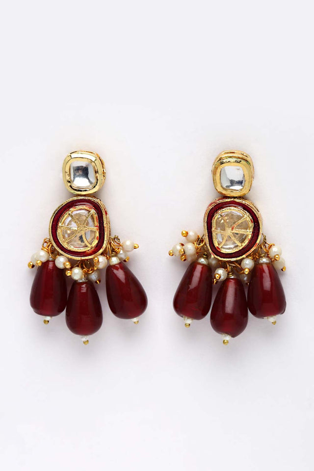 Red Gold-Plated Kundan And Pearls Drop Earring