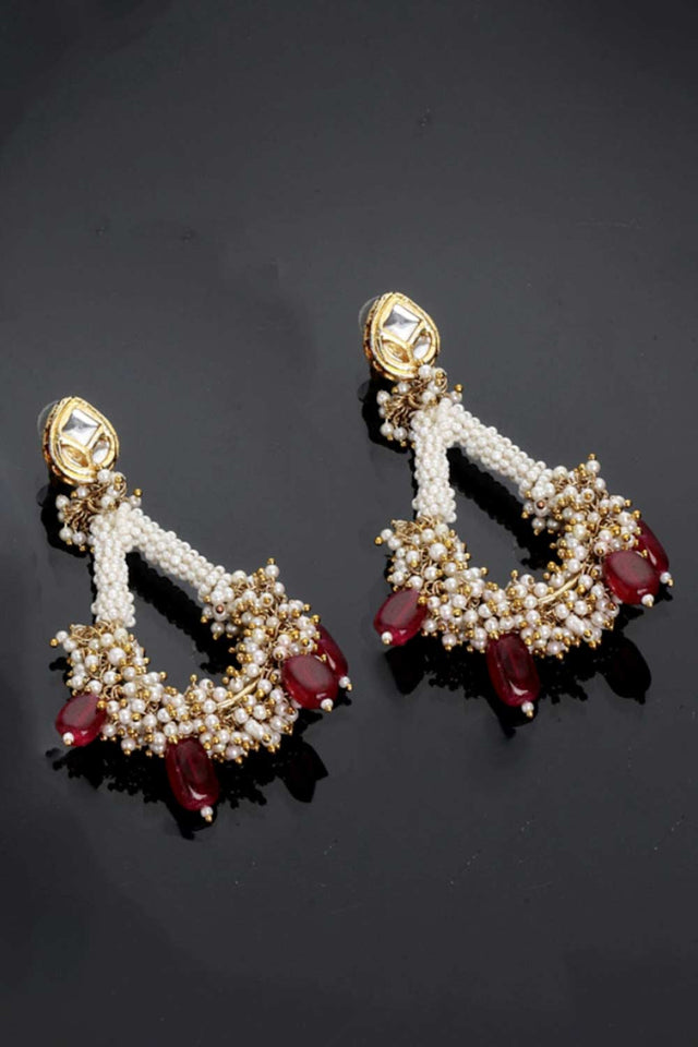 Red And Gold Gold-Plated Kundan And Pearls Chandbali Earrings