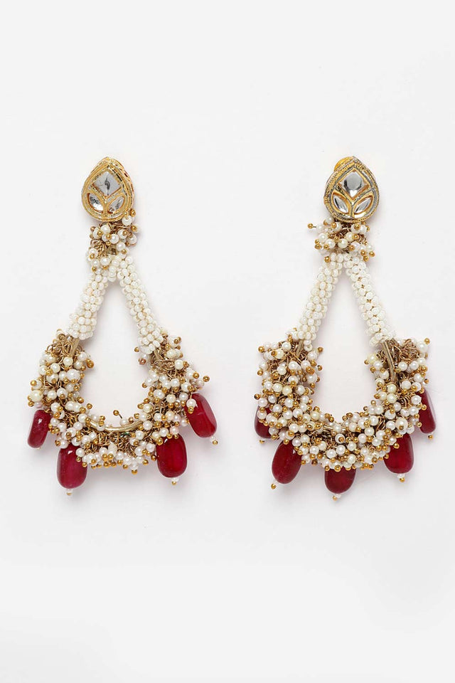 Red And Gold Gold-Plated Kundan And Pearls Chandbali Earrings