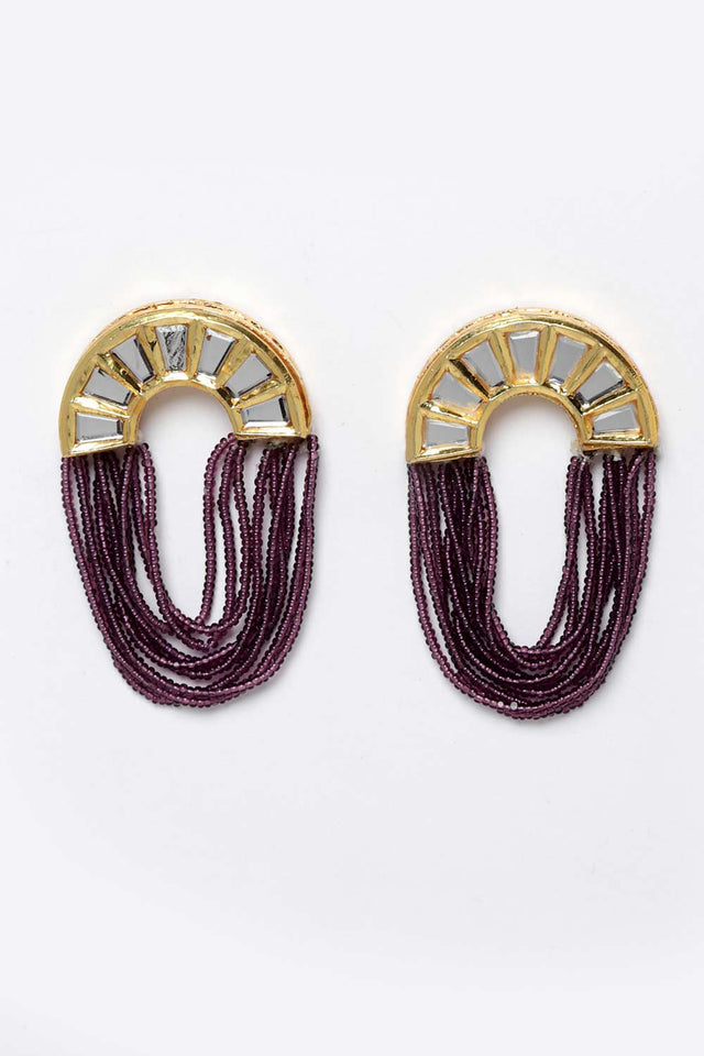 Purple And Gold Gold-Plated Kundan And Pearls Chandbali Earrings