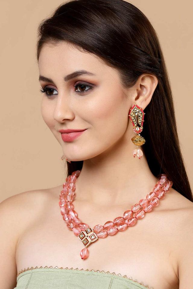 Pink And Red Gold-Plated Kundan And Pearls Chandbali Earrings