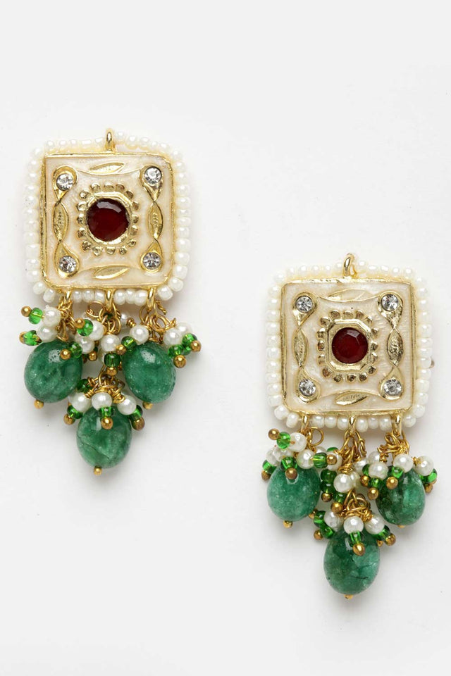 Green And Peach Gold-Plated American Diamonds And Pearls Chandbali Earrings