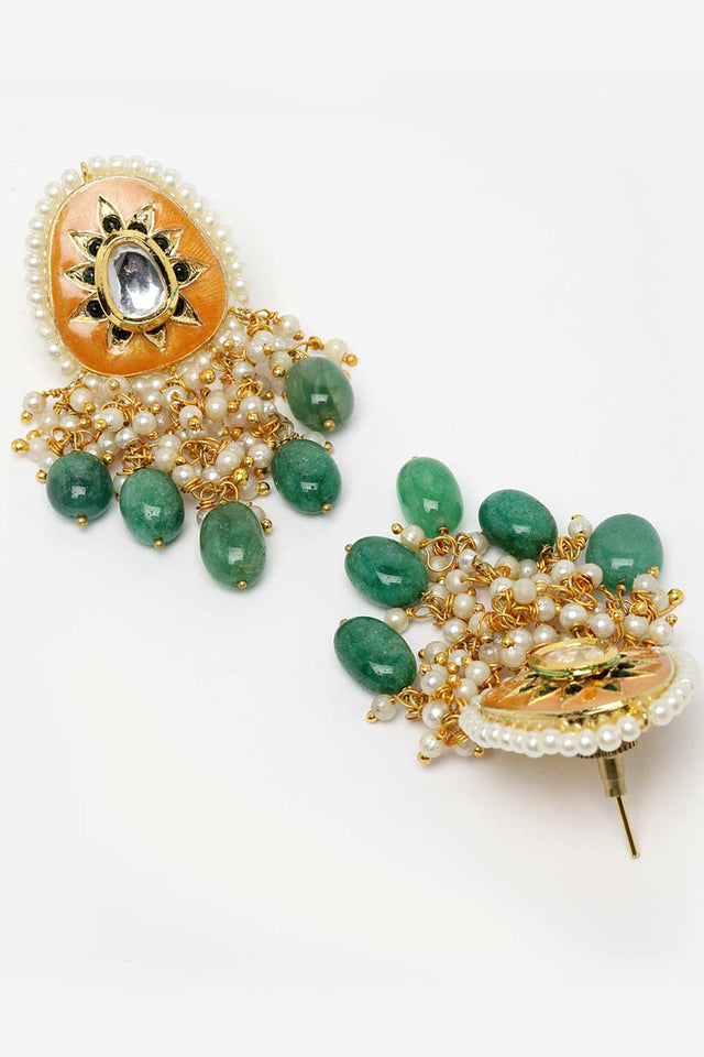 Orange And Green Gold-Plated Kundan And Pearls Chandbali Earrings (DGED22161)