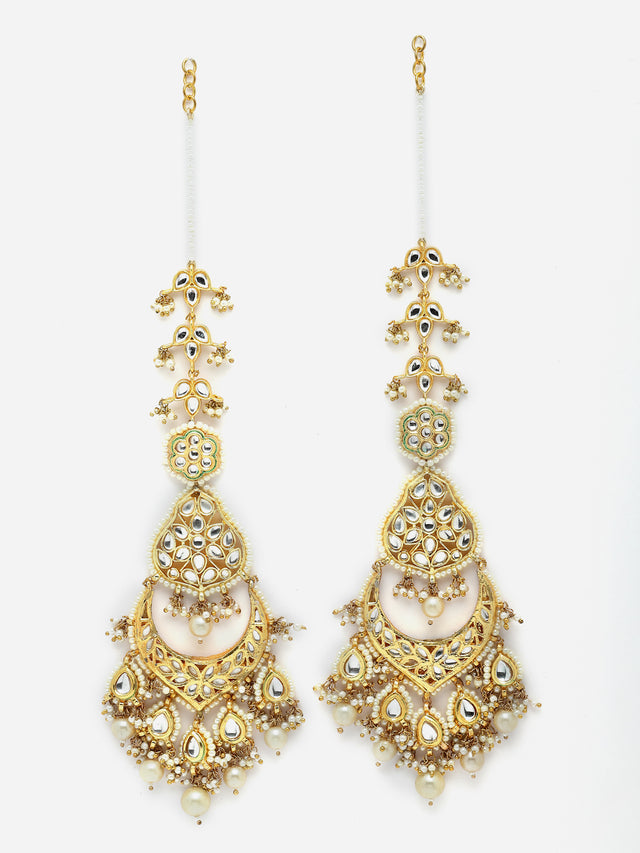 Cream And White Gold-Plated Kundan And Pearls Drop Earring