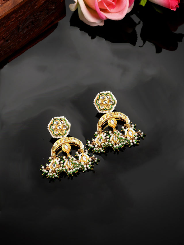 Green And White Gold-Plated Kundan And Pearls Drop Earring