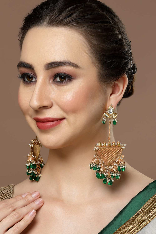 Green And Gold Kundan And Pearls Chandbali Earring