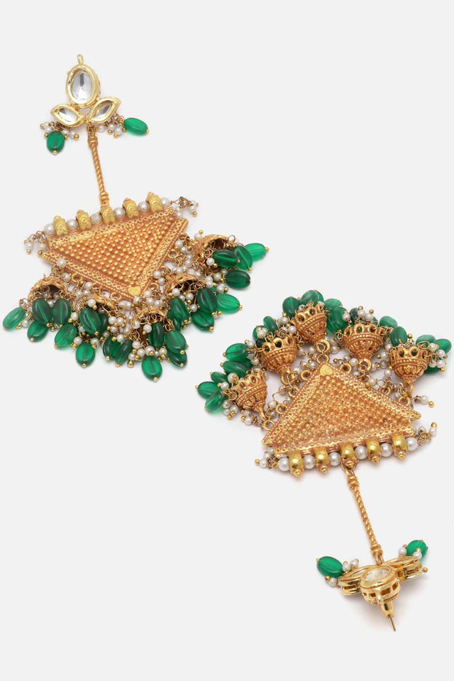 Green And Gold Kundan And Pearls Chandbali Earring