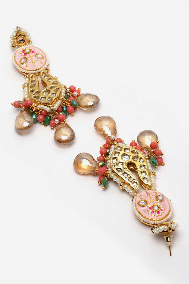 Pink And White Drop Earring With Kundan And Pearls