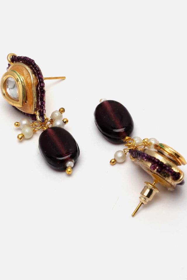 Purple Drop Earring With Kundan And Pearls
