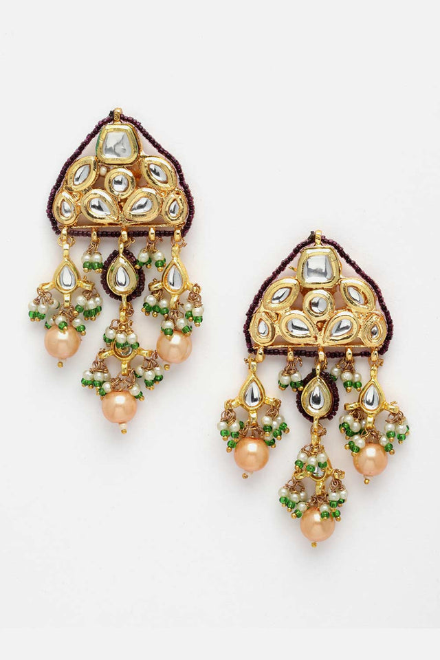 Purple And Gold Drop Earring With Kundan And Pearls