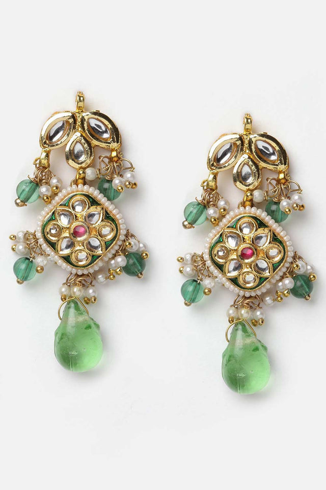 Green And White Drop Earring With Kundan And Pearls