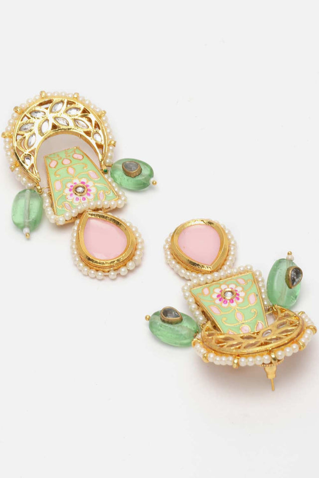 Green And White Drop Earring With Kundan And Pearls