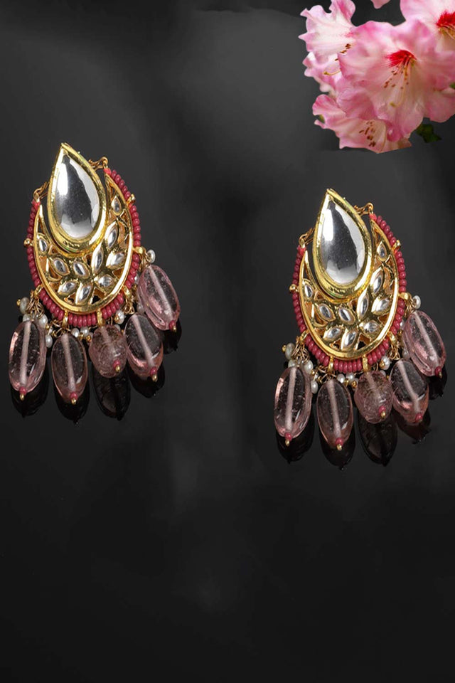 Pink And Gold Drop Earring With Kundan And Pearls