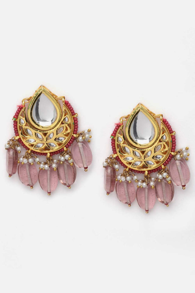 Pink And Gold Drop Earring With Kundan And Pearls