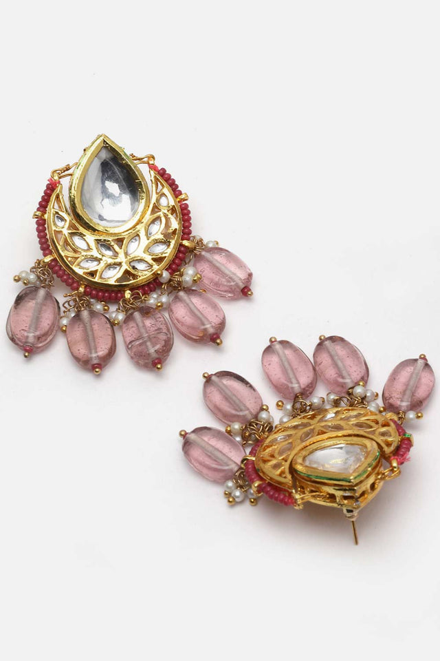 Pink And Gold Drop Earring With Kundan And Pearls