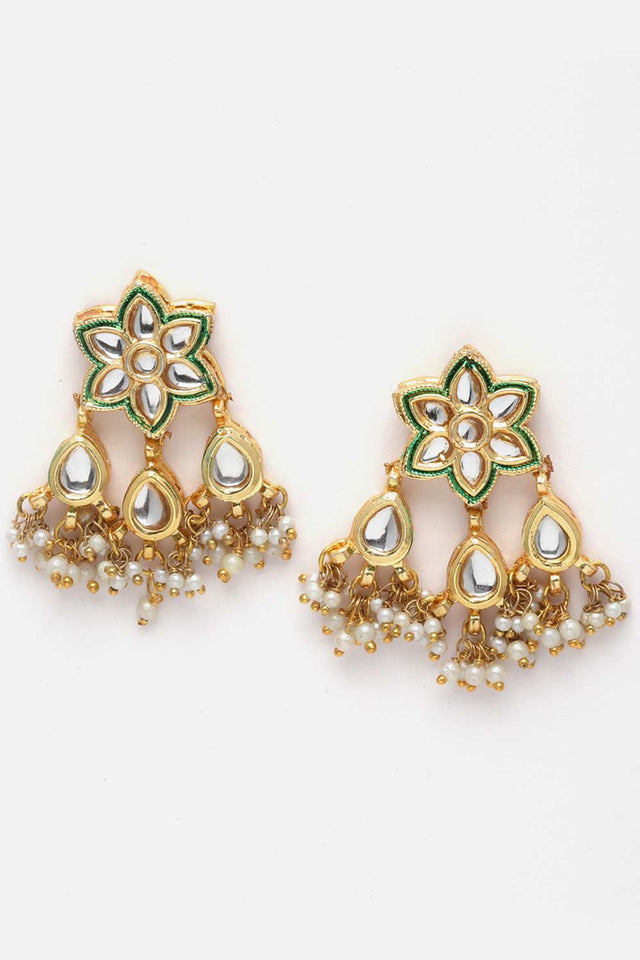 Green And Gold Drop Earring With Kundan And Pearls