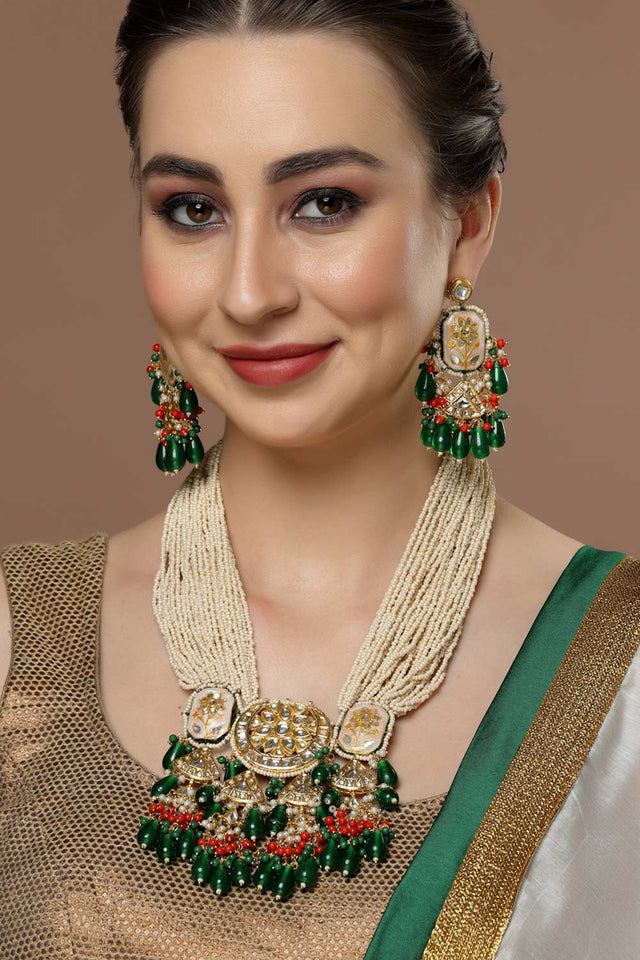White And Green Drop Earring With Kundan And Pearls