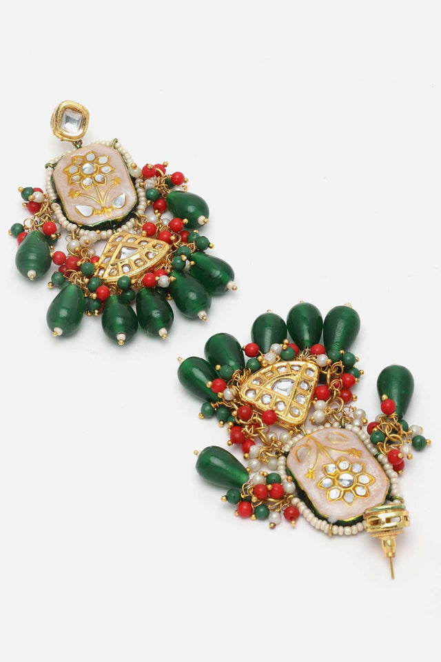 White And Green Drop Earring With Kundan And Pearls