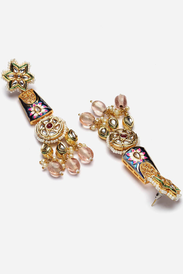 Blue And Green Drop Earring With Kundan And Pearls