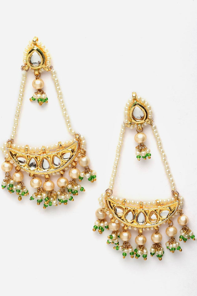 Green And Gold Drop Earring With Kundan And Pearls