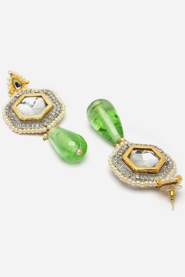 Green And Silver Drop Earring With Kundan And American Diamond
