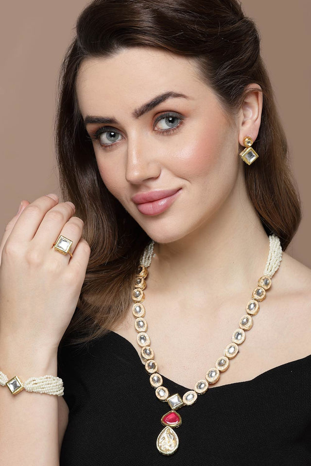 Gold And White Drop Earring With Kundan And Natural Stones