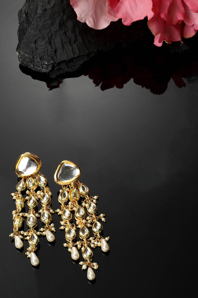 Gold And White Drop Earring With Kundan And Pearls