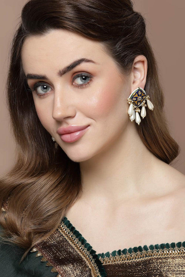 Blue And Gold Drop Earring With Kundan And Pearls