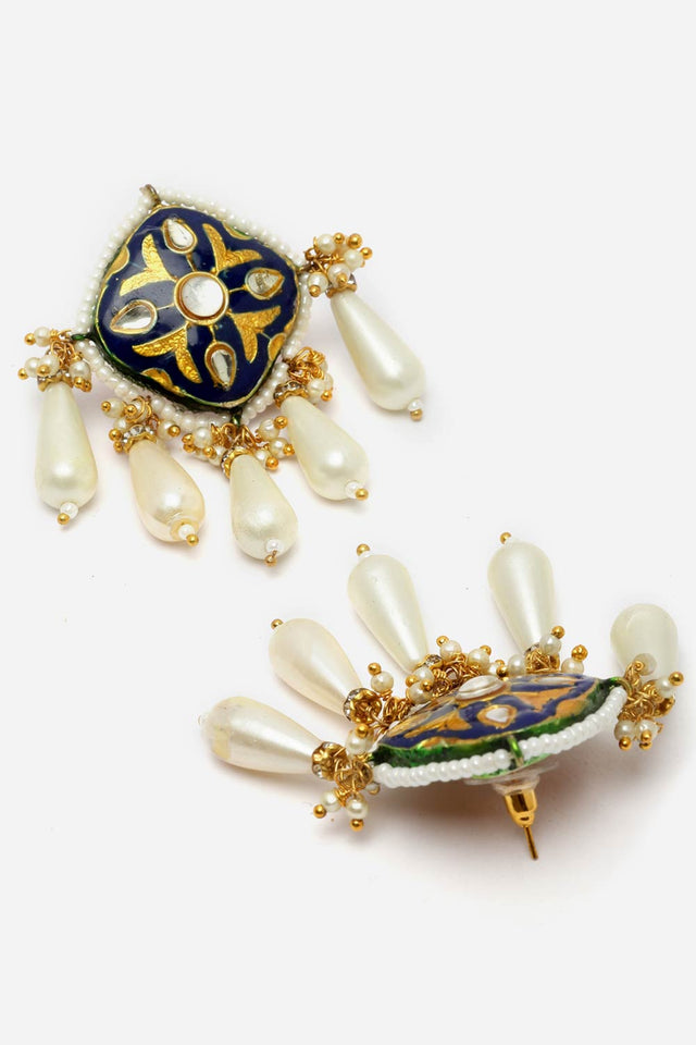 Blue And Gold Drop Earring With Kundan And Pearls