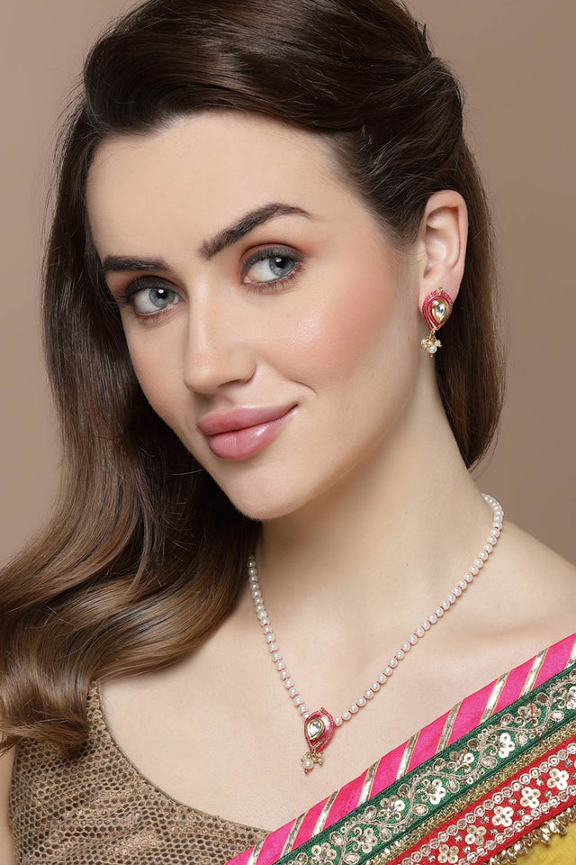 Pink And Gold Drop Earring With Kundan And Pearls
