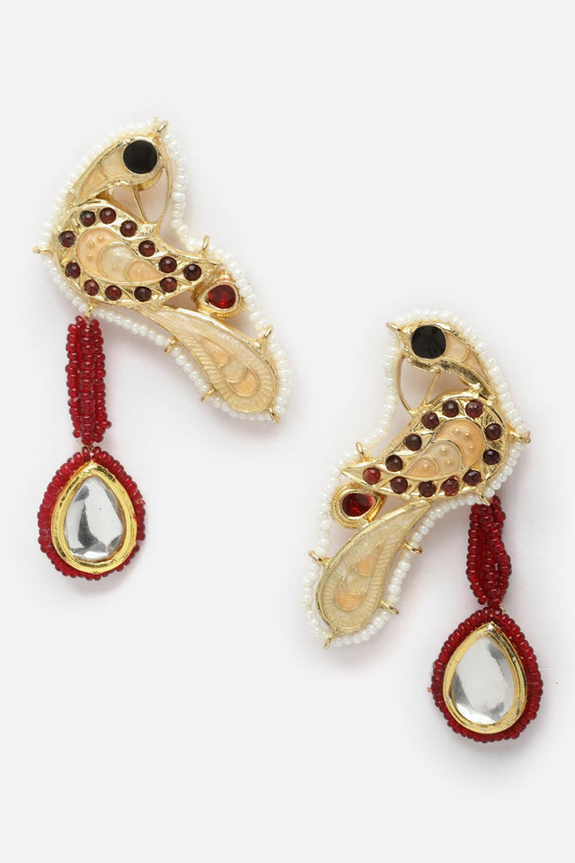 Peach And Red Drop Earring With Kundan And Pearls