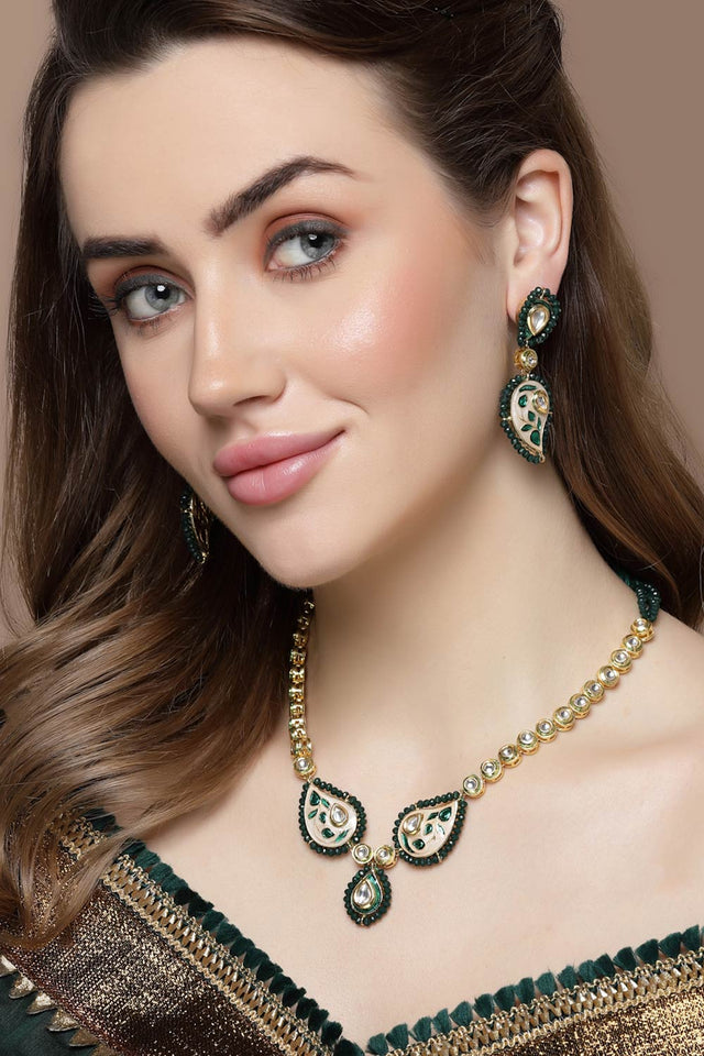 Peach And Green Drop Earring With Kundan And Pearls