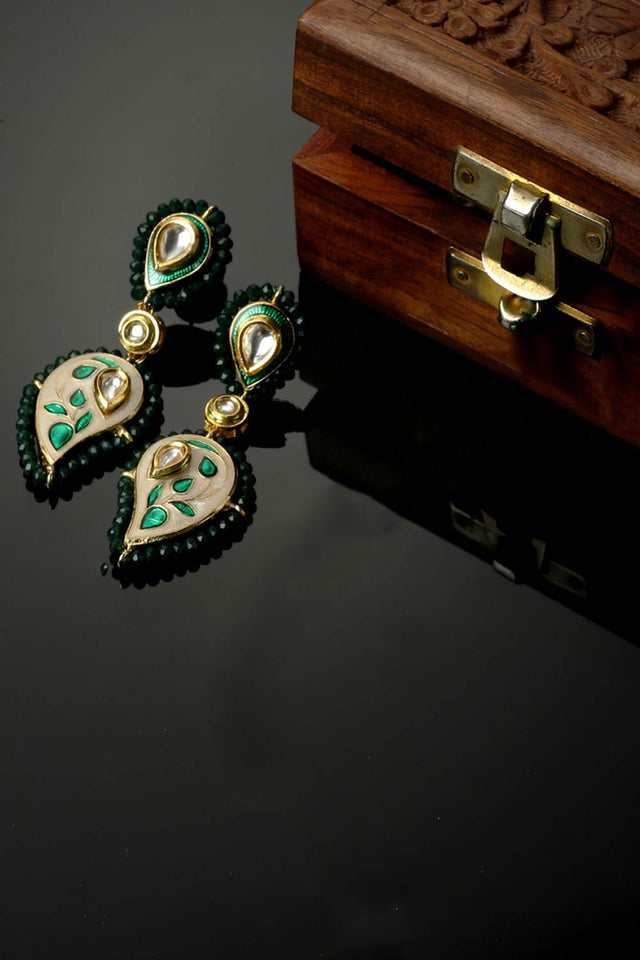 Peach And Green Drop Earring With Kundan And Pearls