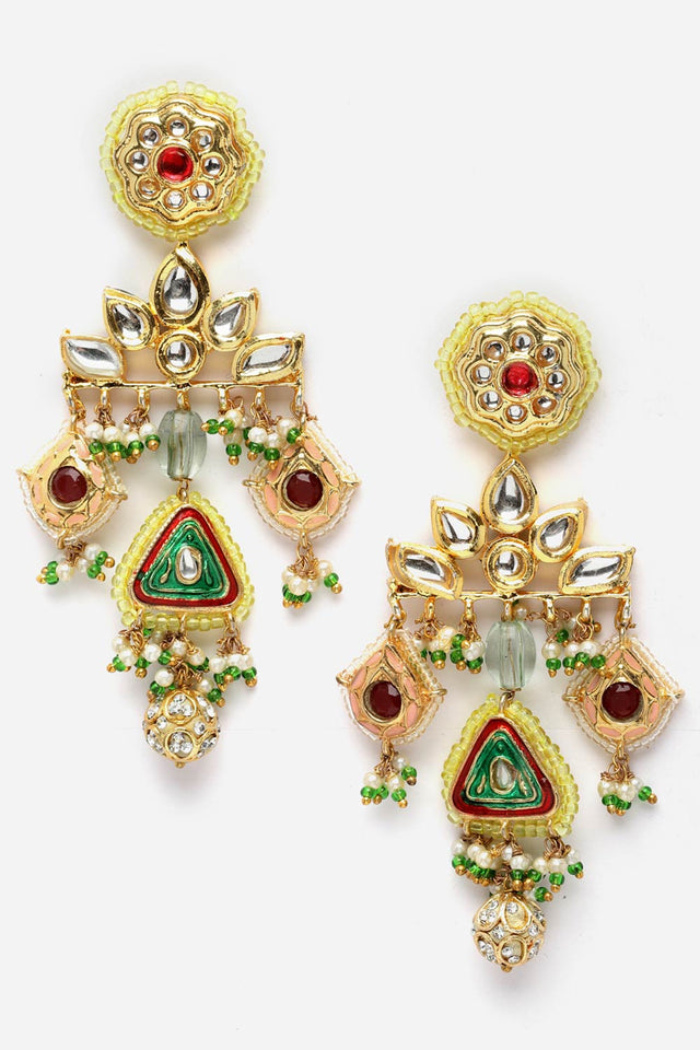 Green And Pink Drop Earring With Kundan And Pearls